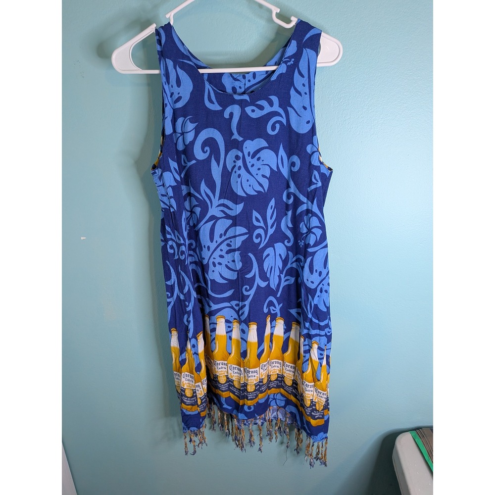 Corona Extra Blue Tropical Floral Fringe Rayon Tank Dress Women Small S